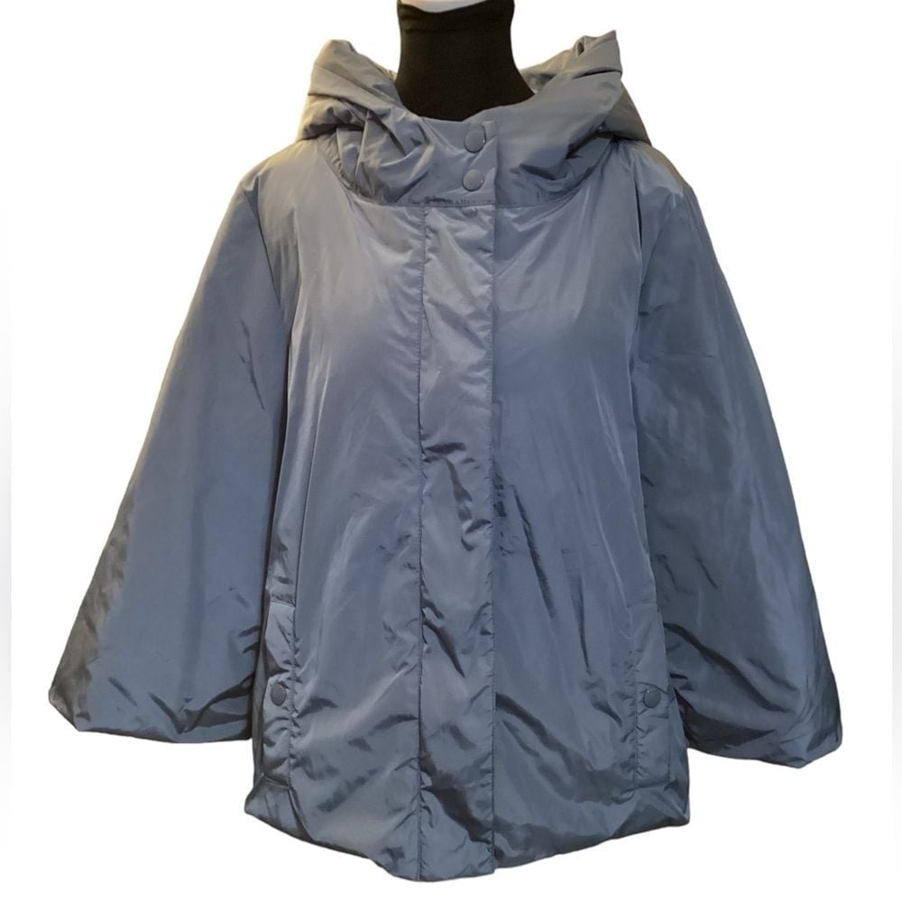 ANA A New Approach Women Slate Blue Hooded Puffer Jacket Bell Sleeve Size Large
